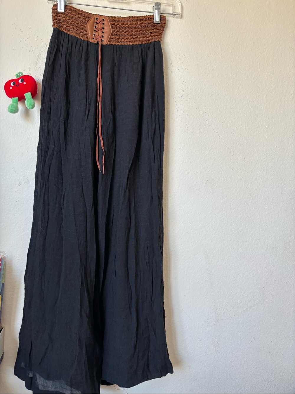 Black Wide-Leg Men’s Pants with Brown Crochet Waistband